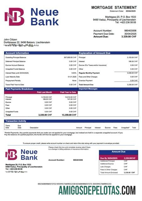 imprimível Modelo Word e PDF de extrato de hipoteca do Liechtenstein Neue Bank